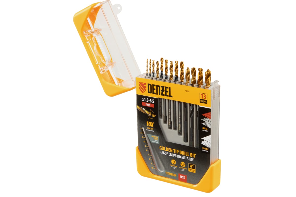 Набор сверл по металлу Golden Tip 1.5-6.5 мм, HSS-Tin, 13 шт Denzel 72318