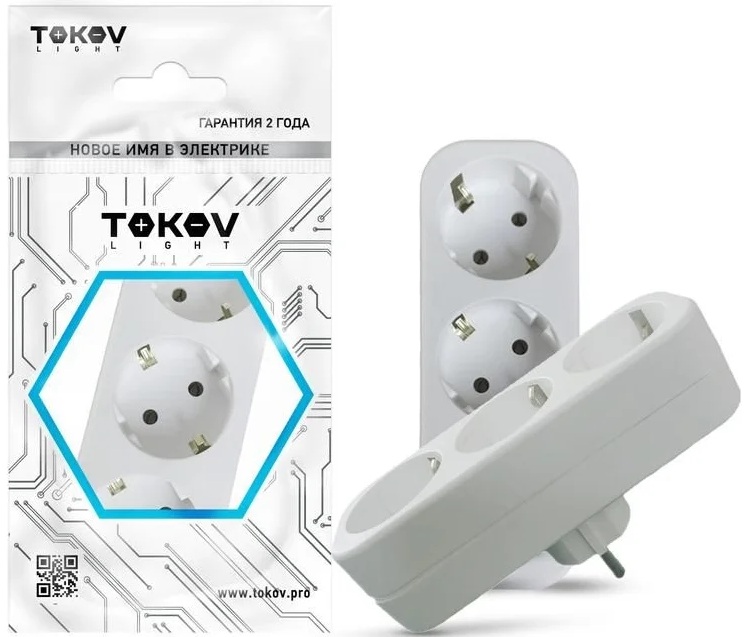 Разветвитель трехместный с заземлением Tokov Electric (16А, 250В) белый TKL-S3Z-C01